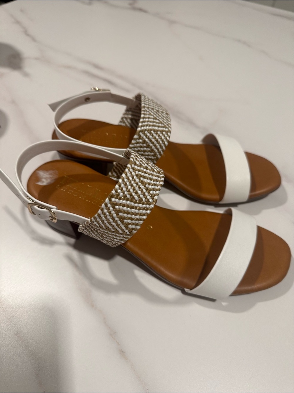 White and Tan Women's Two-Strap Heel Sandals